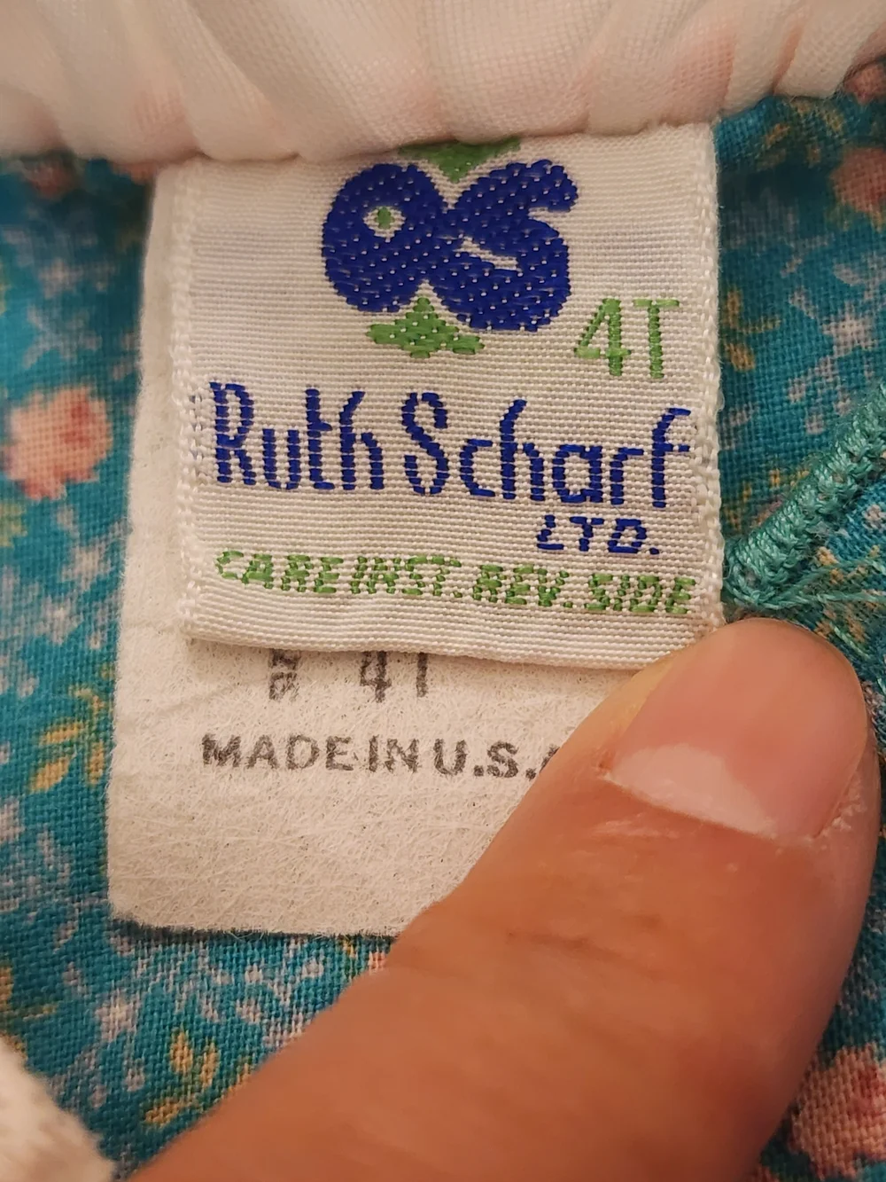 Ruth Scharf Vintage Floral Pinafore Dress Girls 4T Teal Pink Cottagecore Shabby